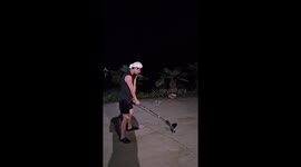 Player learning golf swings so hard he falls over