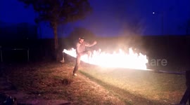 Fire Slackline stunt goes wrong. Scary funny scene unfolds as they work to put out fire.