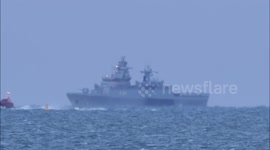 German warship F261 seen arriving on the Thames off Kent, UK