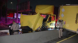 US, Los Angeles: Azusa Jackknifed Semi Trailer Overturns and Lands on Westbound 210 Freeway
