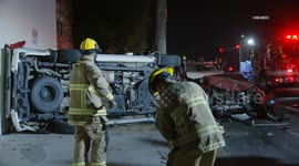 US, Los Angeles: Sun Valley Vehicle Crashes Into Parked Cars and Lands On Side