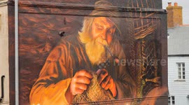 Cornwall's Giant Fisherman Street Mural. By the Artist Elle Kozipa, Newquay, Cornwall, UK