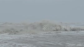 Typhoon Krathon Waves crashing onto the coast near Kaohsiung City, Taiwan