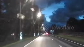 Russia: Elk runs out onto the highway, slips, falls but avoids an accident with a car