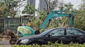 Typhoon Krathon impacts Taiwan: Severe disaster in southern Taiwan. Numerous roadside trees were uprooted by strong winds. The video shows post-disaster recovery efforts underway.