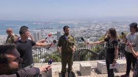 An IDF spokesperson presents the shards of the Hezbollah Falaq-1 rocket, developed by Iran, from the missile attack which killed 12 Druze children in Majdal Shams in Golan Heights.