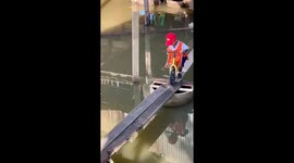 Toddler shows their cycling skills by riding along narrow plank over water