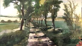 Road With Trees, Watercolour Painting By Vamos