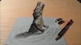 How I Draw a 3D Jumping Crocodile, Trick Art by Vamos