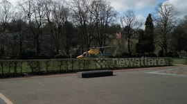 Derbyshire Air ambulance taking off from Hall Leys park in Matlock with patient who had heart attack.