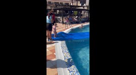 Child runs across water in pool activity