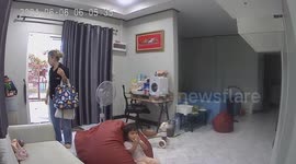 Mum sends her daughter flying when she sits on bean bag