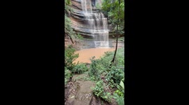 Hiker slips off muddy rock and slides downhill while exploring waterfall