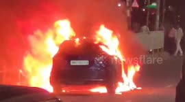 Car with six relatives inside catches fire on highway in India