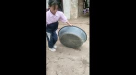 Schoolgirl balances on basin while showing off martial arts skills