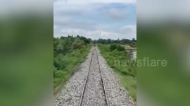 Tourists stuck on railway as train approaches in Cambodia