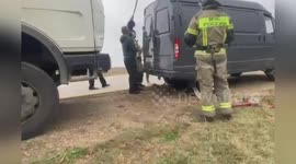 Cow trapped under van rescued by firemen in Russia