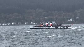 Paddle Steamer leaving Loch Long in Argyll Scotland as Storm Ashley hits