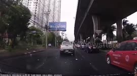 Billboard facade blown off during storm and lands on car