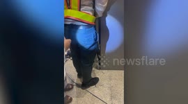 Security guards pry open metal wall near elevator to save cat