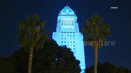 US, Los Angeles: Downtown Los Angeles Buildings Light Up in Dodger Blue