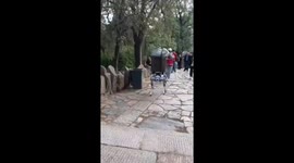 A robot dog carrying garbage on Mount Tai