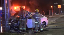 US, Los Angeles: Riverside Car Crashes Into Utility Pole And Catches Fire