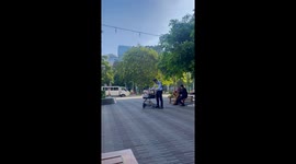 Security guard pushes stroller as he babysits two dogs