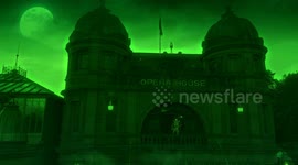 Buxton Opera house built in 1903 transformed for Halloween with it's own funky skeleton dancer.