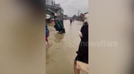 Residents wade through Tropical Storm Trami flood with pet dogs