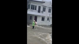 Deliveryman carries flowers through Tropical Storm Trami floods