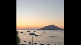 Time lapse sunrise over The port of Agia Marina and the Castle of Leros