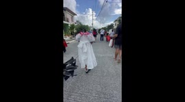 Schoolgirl walks around with awesome headless ghost Halloween costume