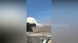 Underwater pipe bursts sending giant water column shooting upwards