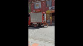 Stray dog attempts to steal meat from open truck in Bogotá