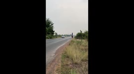 Farmer stands on top of buffalo to travel along road