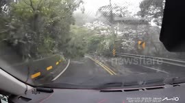 Driver navigates through fallen trees from Typhoon Kong-rey in Taiwan