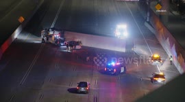 US, Los Angeles: Baldwin Park Overturned Semi Shuts Down All Eastbound 10 Freeway