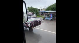 Vehicle tipped over onto its side due to heavy charcoal load in Battambang