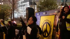 A heckler at a protest against Donald Trump at the London US Embassy speaks out against the democrats