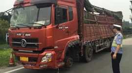Lorry without two front wheels pulled over by police on motorway