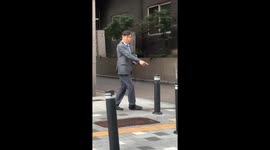 Man guides pigeon from one bollard to another in a surprising display of animal interaction