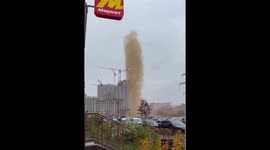 Fountain erupts near Bachurinskaya Street in Moscow, Russia