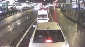 Тram bumps jaywalking pedestrian mid-road