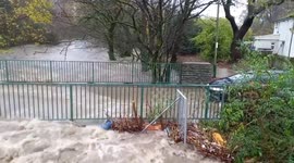 Bridge flooded in Machen, Wales, UK