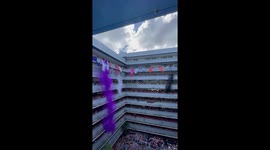 Spectacular confetti drop sees explosion of colour at a university