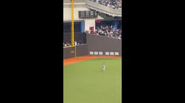 Baseball player plays with fan during game break