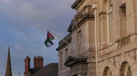 Palestine flag flying outside Rotherham Town Hall. (Zoom out to reveal building)