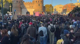 An Ostiense Square full of demonstrators on the occasion of the protest march against  violence against women organized by the feminist and trans feminist movement Not One Less in Rome.