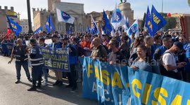 Bus and tram drivers protest in front of the Ministry of Infrastructure and Transport in Rome.